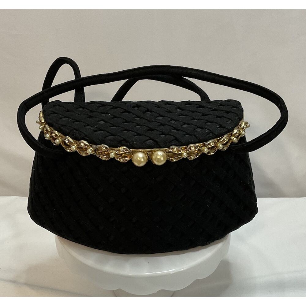Vintage Guild Original Black Velvet Weaved Box Purse With Pearl Snap Closure